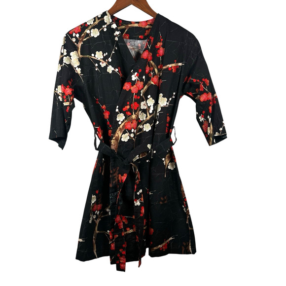 Black Japanese Cherry Blossom Print Short Robe With Belt Size Small/Medium - Picture 1 of 11